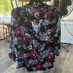 Kaari Blue Pink and black Floral Blouse with Mandarin Collar 2X